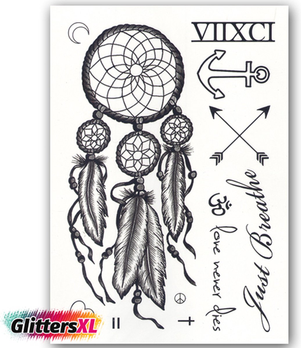 GlittersXL - Temporary Tattoo Dromenvanger Spiritueel (A5 formaat) [Neptattoo - Tijdelijke tatoeage - Nep Fake Tattoos - Water overdraagbare festival sticker henna outfit tattoo - Glitter tattoo - Volwassenen Kinderen Jongen Meisje]